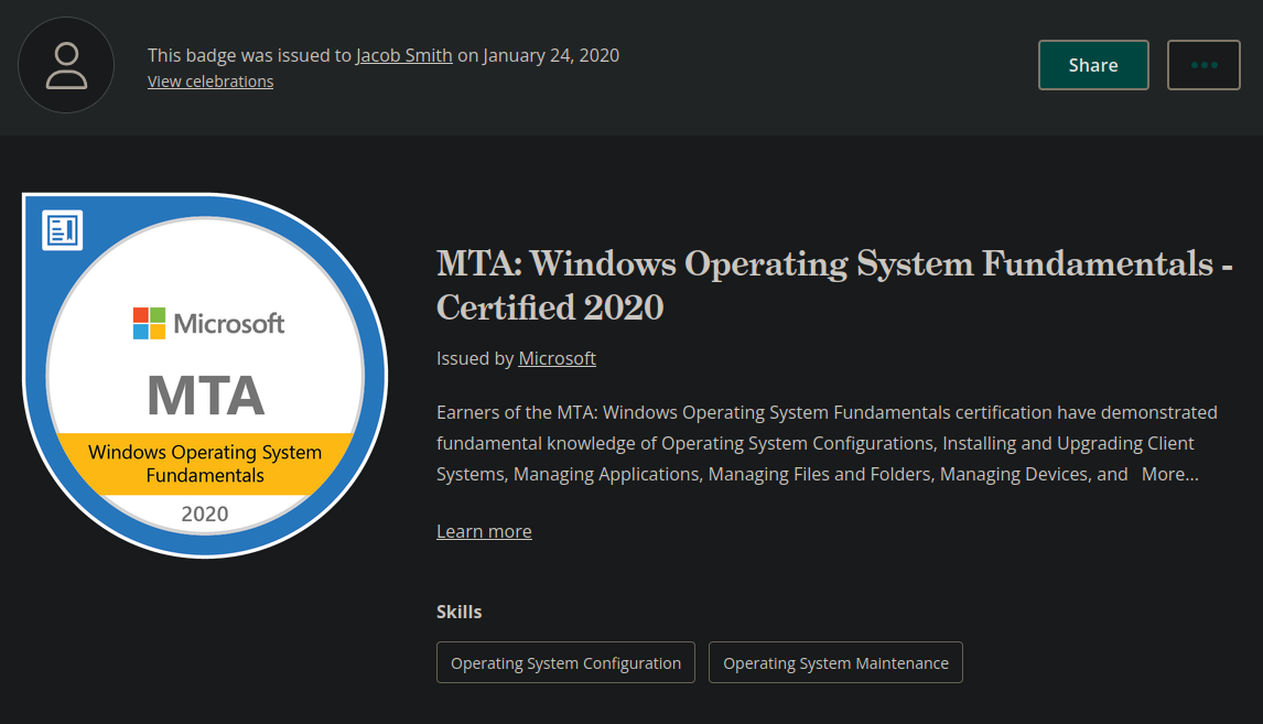 MTA: Windows OS Fundamentals (as of 2020)